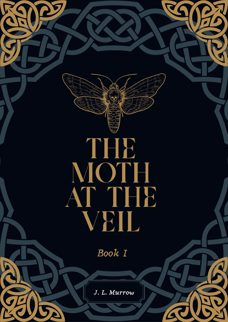 The Moth at the Veil, Book I by J. L. Murrow: a gold moth and Celtic knotwork on a dark cover